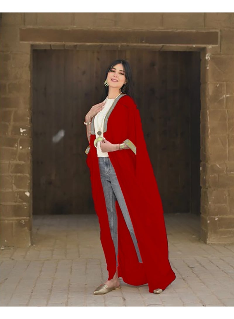 SunSet Kaftan Abaya Silver Embroidered Chiffon Sunset RED - Image 4